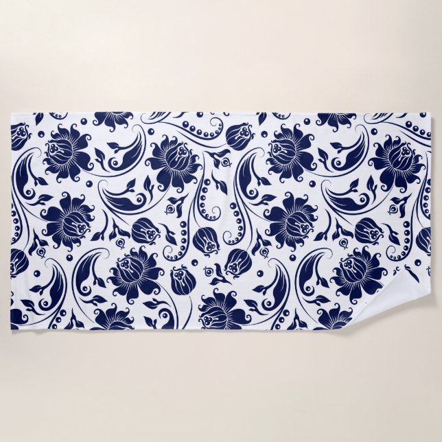 Elegantes marineblau-blaues Damastmuster Strandtuch (Vorderseite)