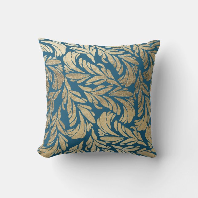 Elegantes Marineblau-Goldmoderner Blumendamast Kissen (Vorderseite)