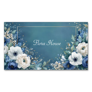Elegantes Marineblau Weißes Anemone Türkis Gold Magnetische Visitenkarte