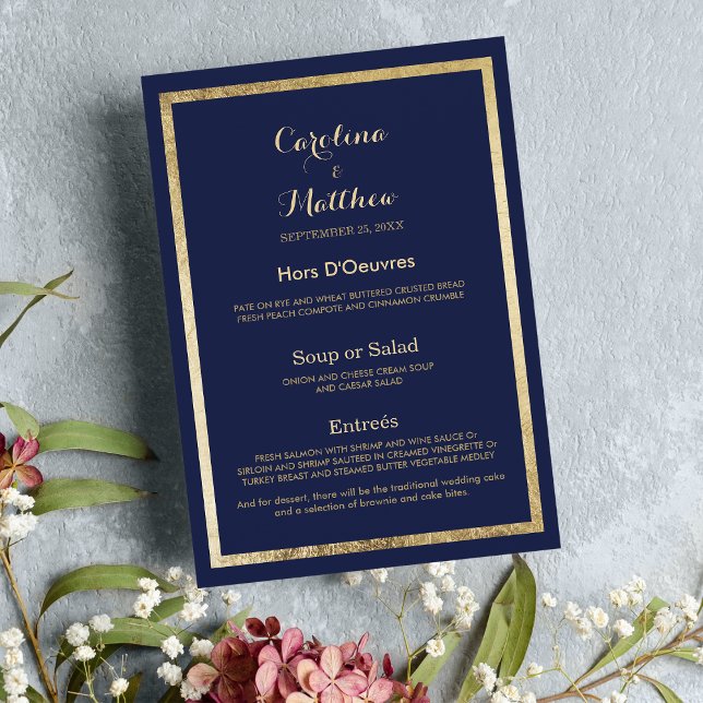 Elegantes marineblaudes Hochzeitsmenü mit goldblau Menükarte (Elegant stylish navy blue faux gold Wedding Menu)