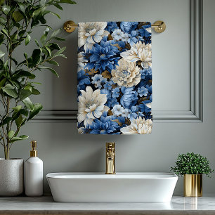 Elegantes marineblaues elfenbein-goldenes Blumenba Badhandtuch Set