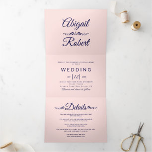 Elegantes marineblaues Foto, Hochzeit mit blauer T Dreifach Gefaltete Einladung