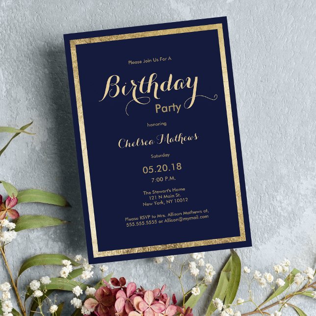 Elegantes marineblaues Imitat Gold Geburtstag Einladung (Elegant stylish navy blue faux gold Birthday Invitation)