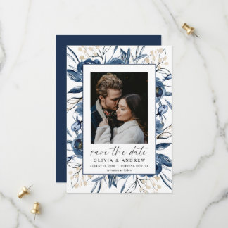 Elegantes Marineblaues Schriftfoto Florale Hochzei Save The Date