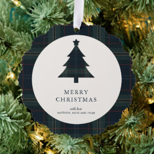 Elegantes marineblaues und grünes kariertes Weihna Ornament Karte