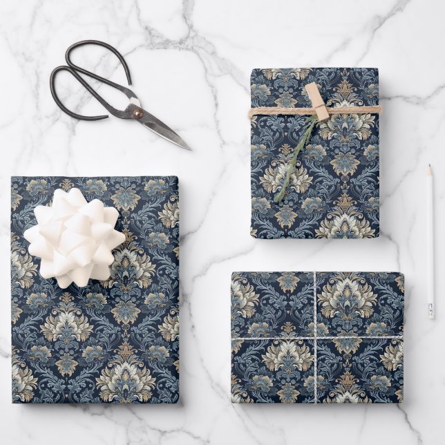 Elegantes Marinemodell und Elfenbeindamastelei Geschenkpapier Set (Vorderseite)