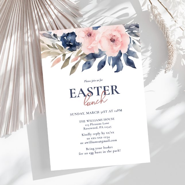 Elegantes marines Blue Blush Pink Floral Ostern Mi Einladung (Von Creator hochgeladen)