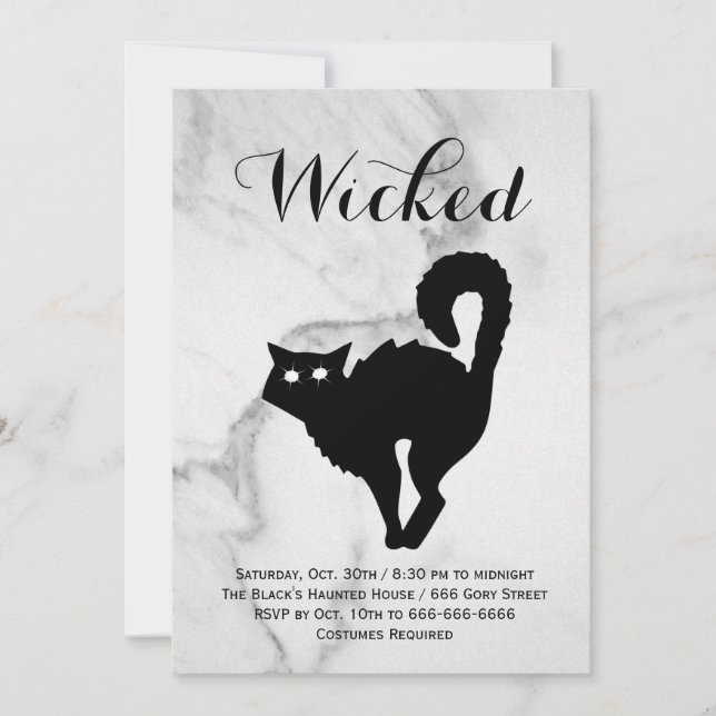 Elegantes Marmor Black Cat Halloween Kostüm Party Einladung (Vorderseite)