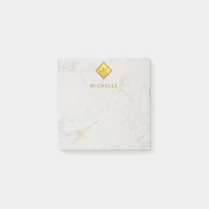 Elegantes Marmor Gold Monogramm  Goldener Name Wei Post-it Klebezettel