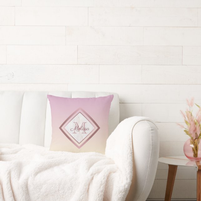 Elegantes Marmor Rosa Farbton Rose Gold Monogramm Kissen (Liege)