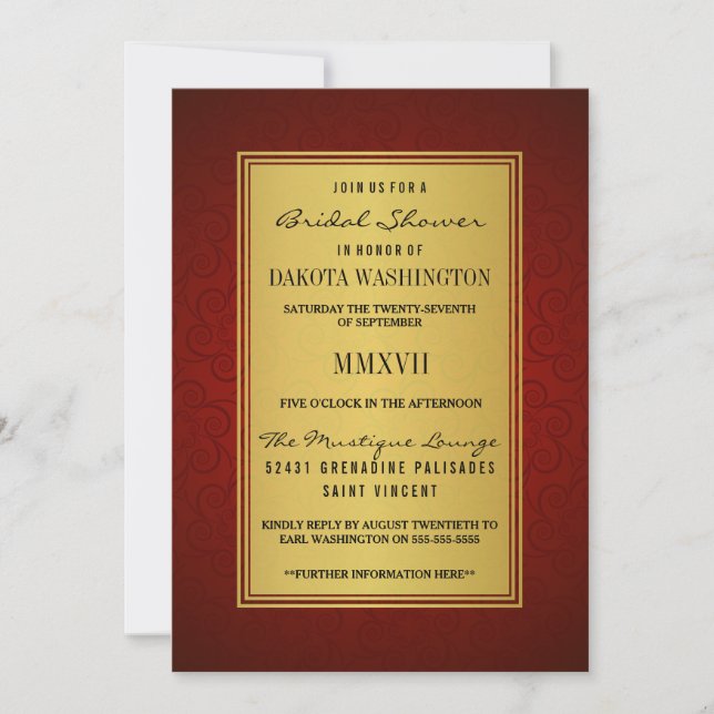 Elegantes Maroon Brautparty & Imitate Gold Overlay Einladung (Vorderseite)