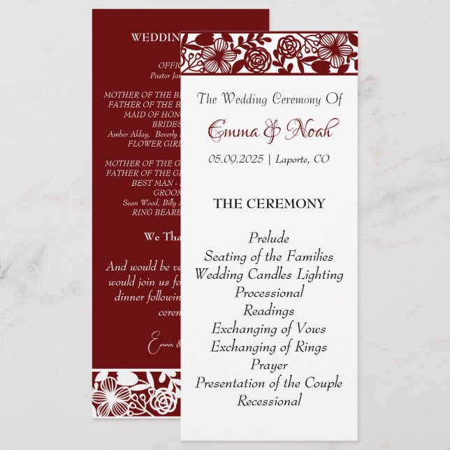 Elegantes Maroon-Burgund-Hochzeitsprogramm Programm (Vorne/Hinten)