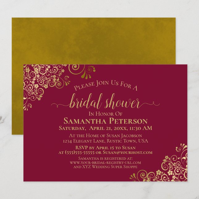Elegantes Maroon & Gold Lace Frills Brautparty Einladung (Vorne/Hinten)