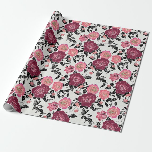 Elegantes Maroon Pink Burgundy Rose Blume Muster Geschenkpapier (Ungerollt)