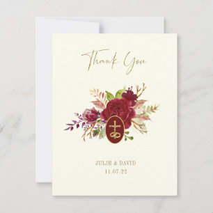 Elegantes Marsala-Blumen-Gold-Kruzifix-Hochzeit  Dankeskarte
