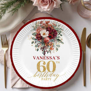 Elegantes Marsala Gold Herbst Blumen 60. Geburtsta Pappteller