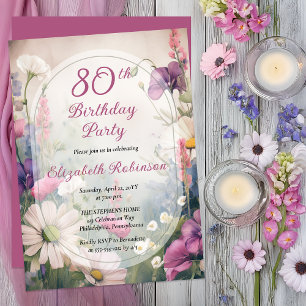 Elegantes Mauve Mehrfarbige Florale 80. Geburtst Einladung