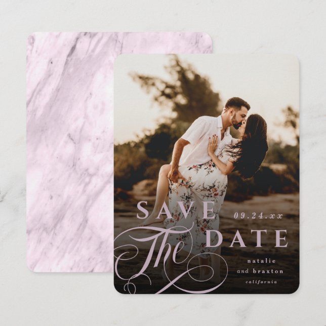 Elegantes Mauve Pink Typografy & Marble Back Foto Save The Date (Vorne/Hinten)