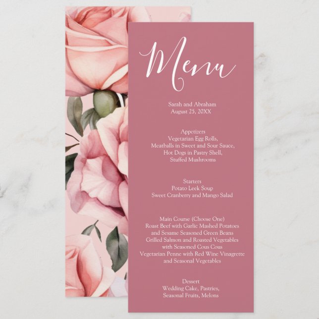 Elegantes mauve Rosa und White Roses Wedding Menu Menükarte (Vorne/Hinten)