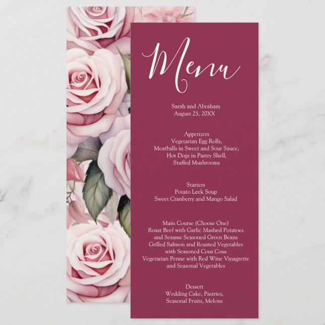 Elegantes mauve Rosa und White Roses Wedding Menu Menükarte (Vorne/Hinten)