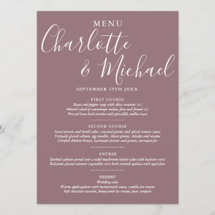Elegantes Mauve-Signatur-Hochzeitsmenü Menükarte