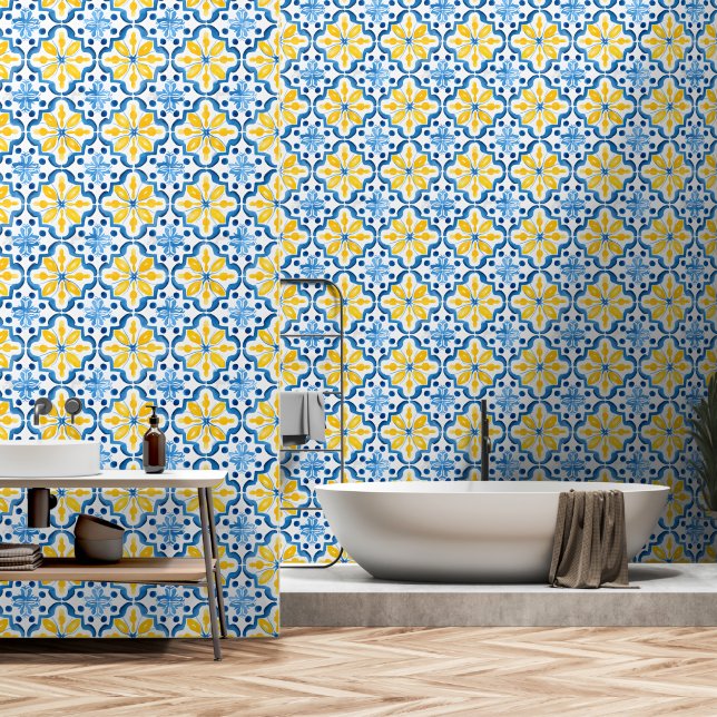 Elegantes mediterranes, gelbes Fliesenmuster Tapete (Badezimmer)