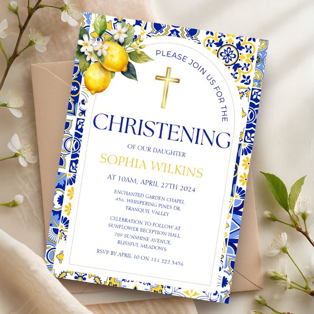 Elegantes mediterranes Lemon Blue Tiles Christenin Einladung (Elegant Mediterranean Lemon Blue Tiles Christening Invitation)