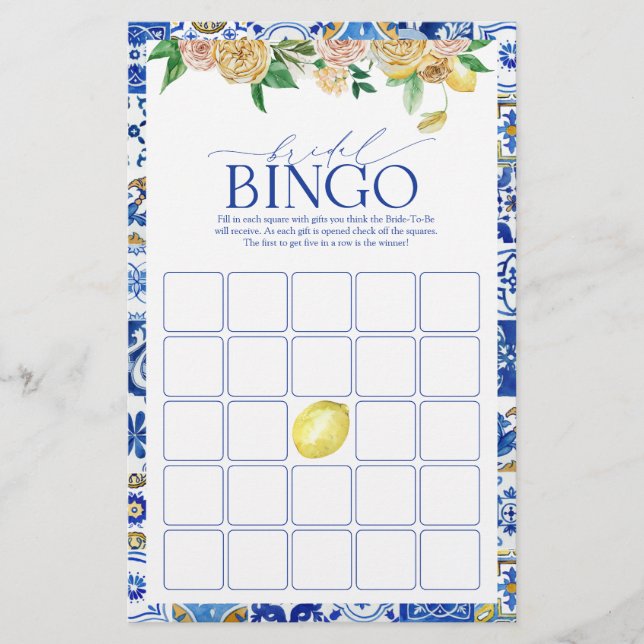 Elegantes mediterranes Lemon Dusche Bingo Spiel (Vorderseite)
