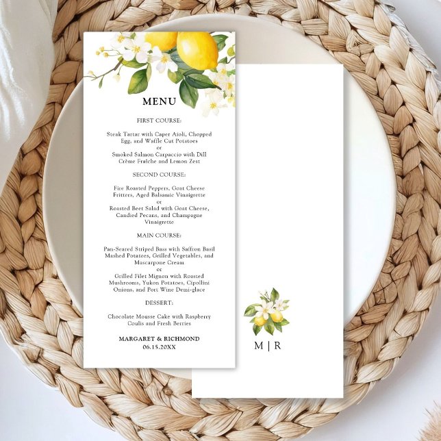 Elegantes mediterranes Lemon Wedding Menu Menükarte (Von Creator hochgeladen)