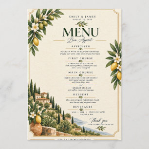 Elegantes mediterranes Olivenzweig-Hochzeitsmenü Menükarte