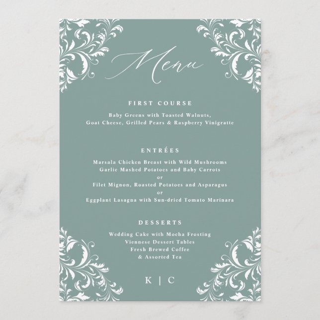 Elegantes Meeresgrün Vintage Hochzeitsmenü Menükarte (Vorderseite)
