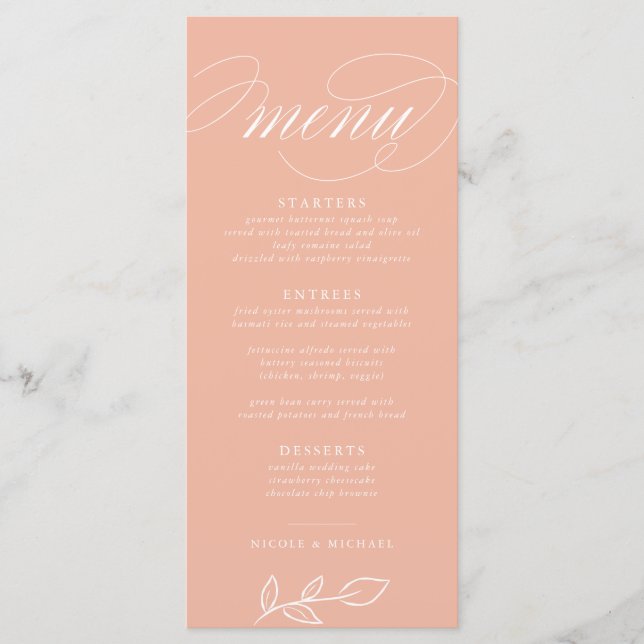 Elegantes Melon Pink Minimalistische Blätter Hochz Menükarte (Vorderseite)