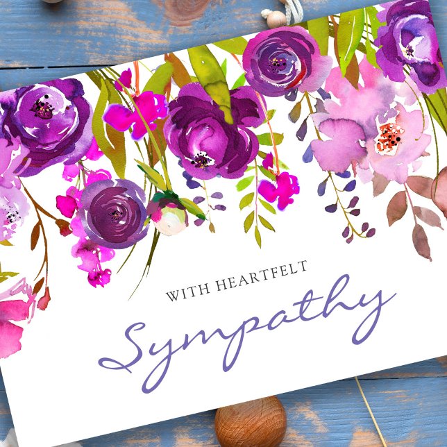 Elegantes Memorial Watercolor Florals Beileid Karte (Elegant watercolor purple florals memorial sympathy card. Sorry for your loss. )