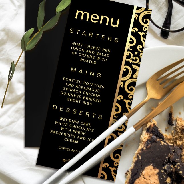 Elegantes Menü für Goldrahmen-Hochzeiten Einladung (Elegant gold Frame Wedding Menu Invitation #zazzlefinds #elegantmenu #blackandgld #decorationframe)