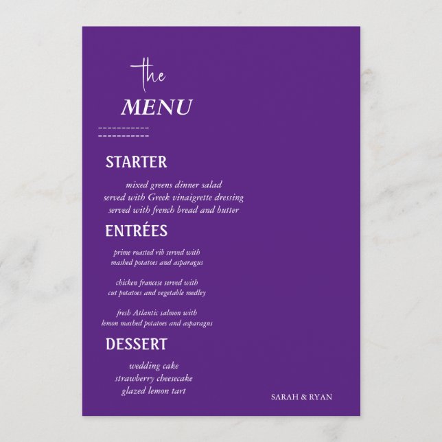 Elegantes Menü für Hochzeitstische Menükarte (Vorderseite)