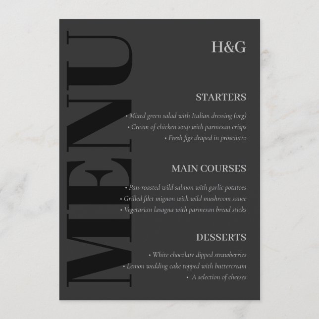 Elegantes Menü für Karkohletypografie Monogram Wed Menükarte (Vorderseite)