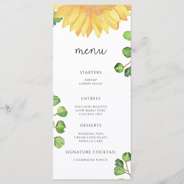 Elegantes Menü mit eleganten Sonnenblumen Menükarte (Vorderseite)