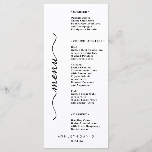 Elegantes Menü mit Tischkarten für Hochzeiten Menükarte (Vorderseite)