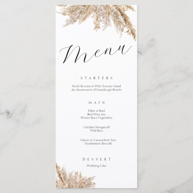 Elegantes Menü von Pampas Grass Floral Wedding Menükarte (Vorderseite)