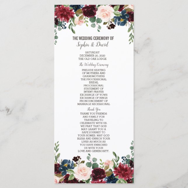 Elegantes Merlot-Navy-Blau-Blumen-Hochzeitsprogram Programm (Vorderseite)