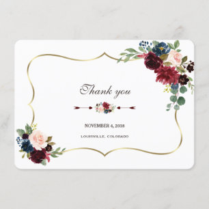Elegantes Merlot-Navy-Blau-Floral-Hochzeits-Dankes Einladung