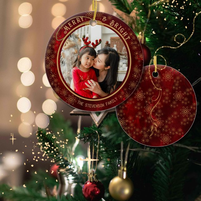 Elegantes Merry & Bright Foto Red Gold Keramik Ornament (Elegant Merry & Bright Photo Red Gold Ceramic Ornament)