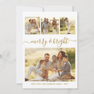 Elegantes Merry & Bright Gold Schrift 4-Foto-Colla Feiertagskarte