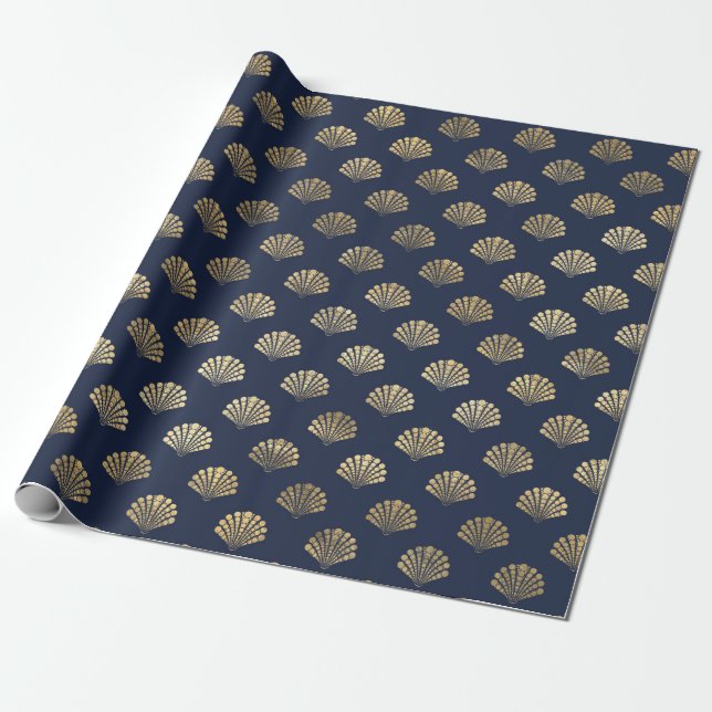 Elegantes Metallic Gold und Blau unter der Muschel Geschenkpapier (Ungerollt)