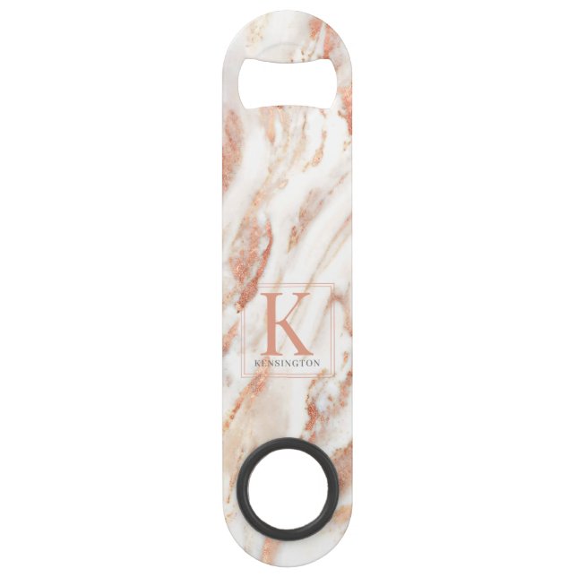 Elegantes Metallic-Kupfer-Rose-Goldmarmor-Monogram Speed Flaschenöffner (Vorderseite)