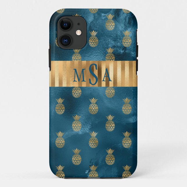 Elegantes Metallisches Aquamarines Ananas Monogram Case-Mate iPhone Hülle (Rückseite)