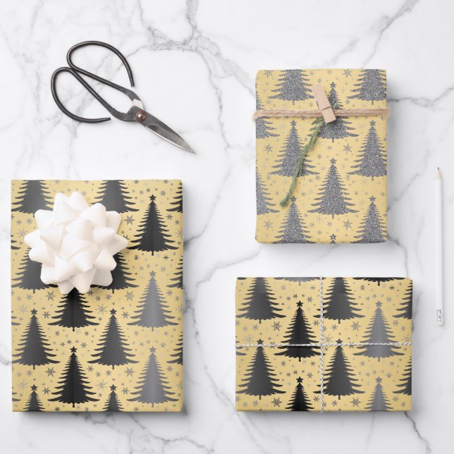 Elegantes metallisches Gold Schwarzes Weihnachtsba Geschenkpapier Set (Vorderseite)