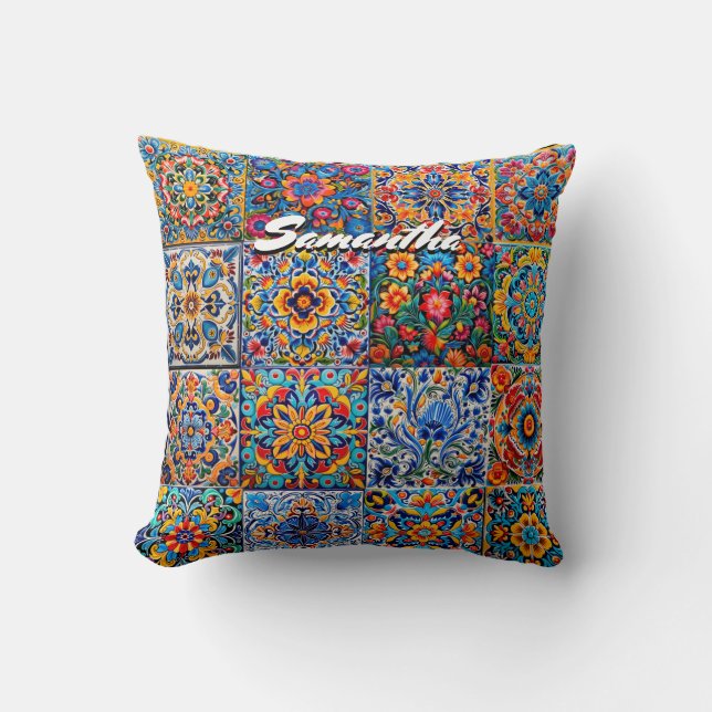 Elegantes mexikanisches Talavera rotes Gelbfliesen Kissen (Vorderseite)