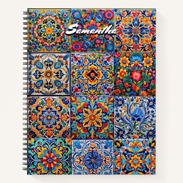 Elegantes mexikanisches Talavera rotes Gelbfliesen Notizbuch (Vorderseite)