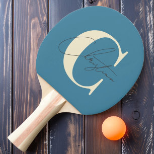 Elegantes Mid-Century-Modern-Monogramm Tiefes Aqua Tischtennis Schläger
